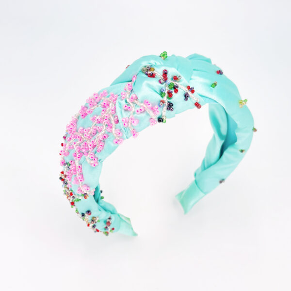 Serre-tête tissus turquoise & perles de rocailles
