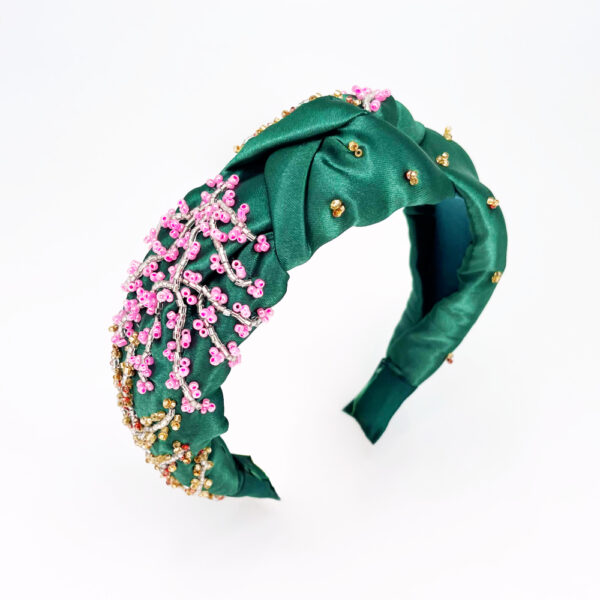 Serre-tête tissus vert bouteille & perles de rocailles