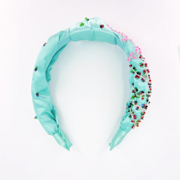 Serre-tête tissus turquoise & perles de rocailles – Image 5