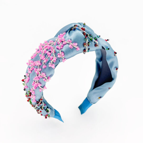 Serre-tête tissus Blue Jeans & perles de rocailles