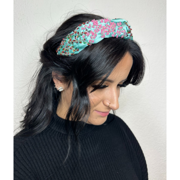 Serre-tête tissus turquoise & perles de rocailles – Image 2
